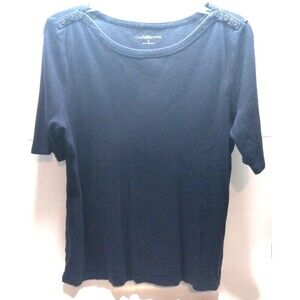 Croft & Barrow Size Small T Shirt Navy Boat Neck Button Details 100% Cotton